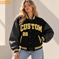 Blouson Bomber Varsity Femme Brodé avec Appliques, Patchwork, Passepoil, Coutures, Manches Contrastantes, Boutons Pression et Bordures Côtelées – Style Streetwear