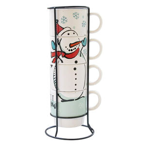 Ensemble de tasses à thé au lait en porcelaine couleur personnalisée, 4 tasses à café en céramique empilables avec motif pingouin de Noël, support métallique thermique - Product Image 3