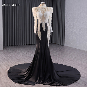 Heavy Pearls Satin Mermaid Prom <b>Dresses</b> 2024 <b>Black</b> Girls High Neck Long Sleeves <b>Plus</b> <b>Size</b> Formal <b>Evening</b> Gowns RSM241007 - Product Image 3