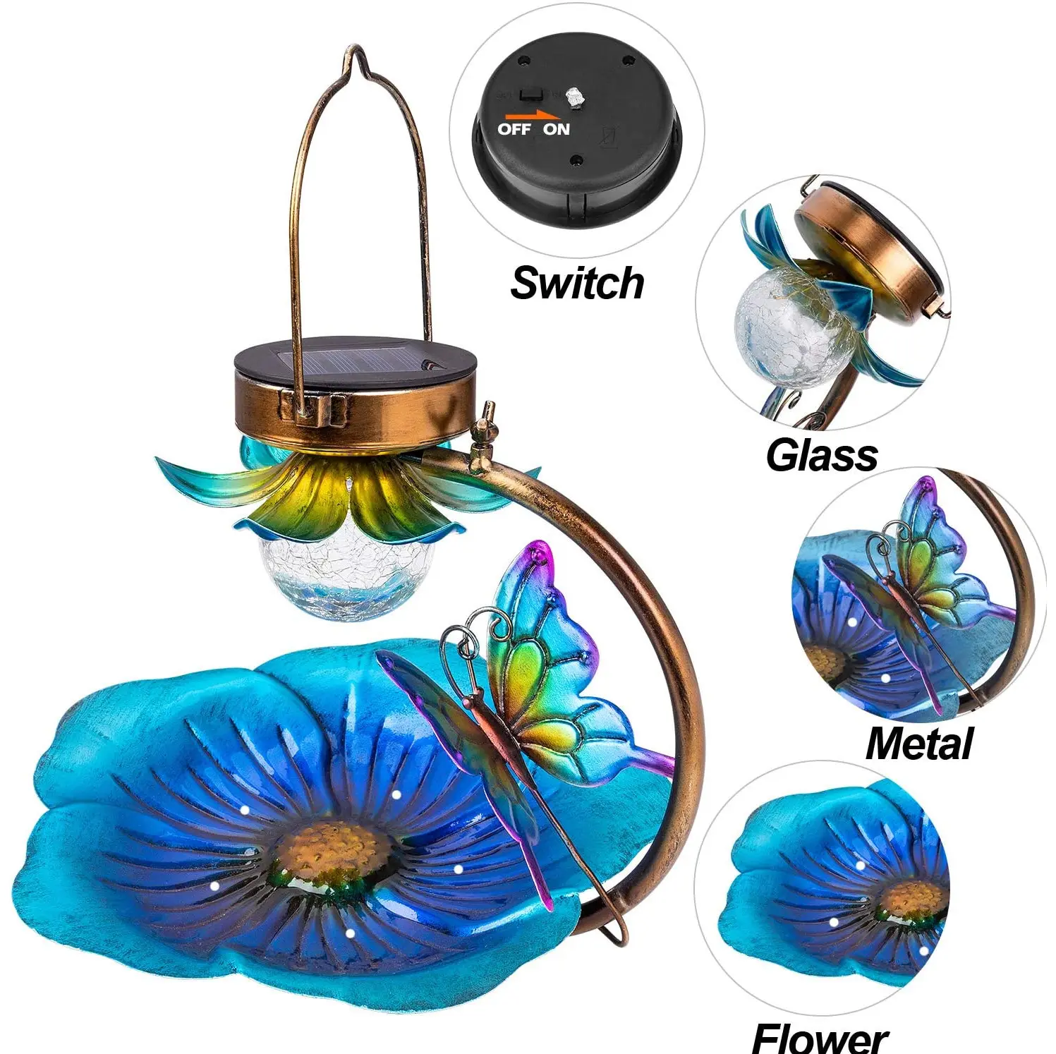 Kuş banyosu çiçek şeklinde açık bahçe güneş lambası asılı avlu kuş besleyici gece ışıkları kuş besleyici bahçe süs