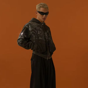 Sudadera con Capucha de Alta Calidad, 100% Algodón, Estilo Holgado, Gruesa, 500 Gsm, con Logotipo Personalizado de Pedrería, Cierre de Cremallera, para Hombre, Otoño - Product Image 4