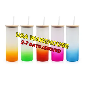 Us warehouse stock 16oz 25oz bicchiere skinny a sublimazione con cannuccia e coperchio in bambù bicchiere in vetro smerigliato di colore sfumato
