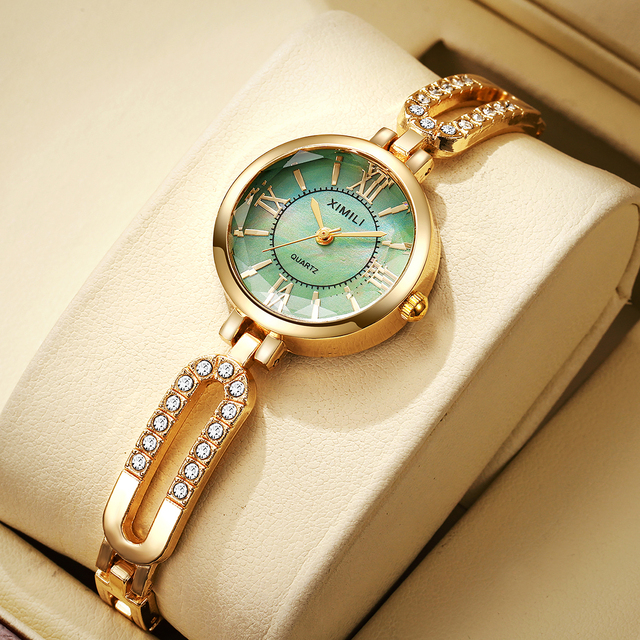New Ladies Fashion Crystal Quartz Analog Watch with Gold Tone Alloy Chain Link Bracelet and Green Dial