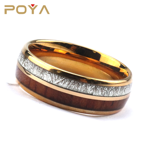 Poya — anneau en tungstène plaqué or de 8mm avec <span class=keywords><strong>bois</strong></span> Koa, incrustation de météorite imitée - Product Image 4