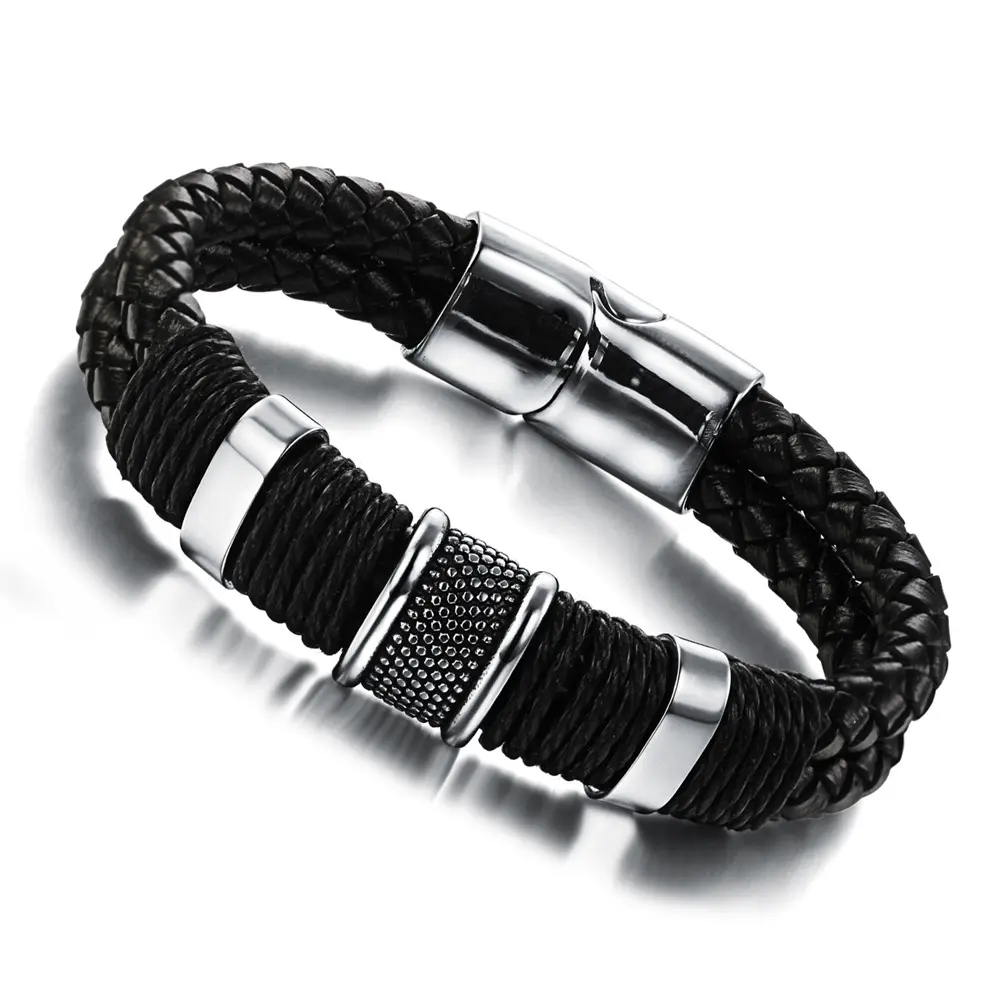 Fashion Charm Cuff Jewelry Leather 316L Stainless Steel Bracelet Mens