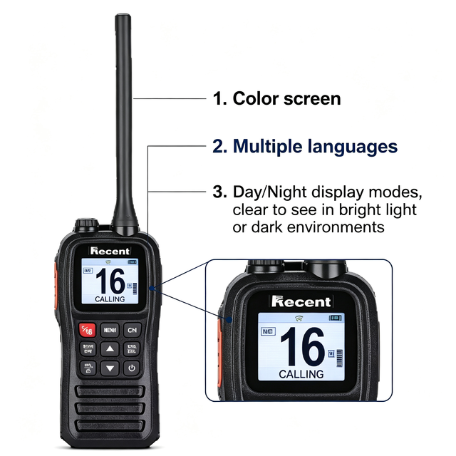 RS-28M VHF Marine Transceiver IPX7 Waterproof Floating Handheld Marine Radio Float & Flash Alarm Type-C Charging Color Screen