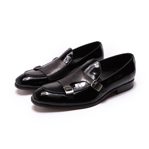 Chaussures en cuir haut de gamme pour hommes, mocassins à double boucle en cuir verni vert et noir pour banquets et mariages, cuir véritable - Product Image 2