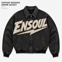 Blousons en jean vintage noir personnalisés pour hommes, avec patchs effilochés, appliques graphiques, ourlet côtelé vieilli, style streetwear, OEM, marque privée