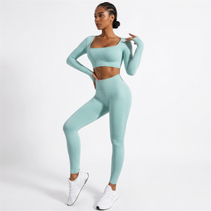 Ensemble de yoga 2 pièces vert menthe, haut court à col carré et manches longues, leggings taille haute pleine longueur, respirant, vêtements de sport pour femmes - Product Image 1