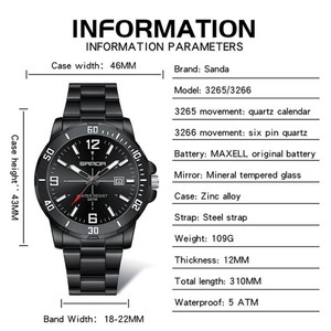 Reloj de Pulsera Sanda 3265 y 3266 para Hombre, Diseño Ejecutivo, Resistente al Agua, con Calendario, Esfera Luminosa, Movimiento de Cuarzo y Correa de Acero - Product Image 3