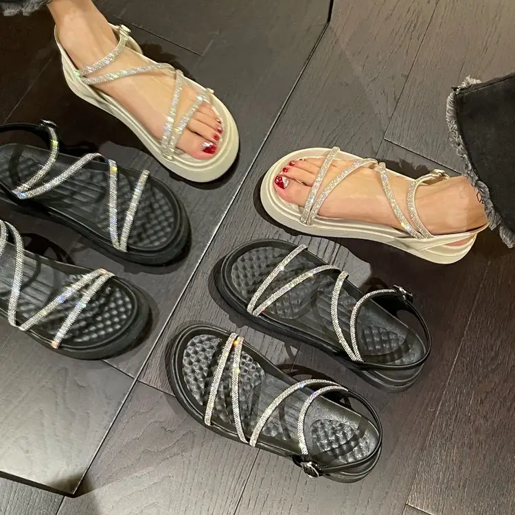 Новые корейские модные блестящие туфли принцессы со стразами летние модные женские босоножки на мягкой подошве на плоской подошве