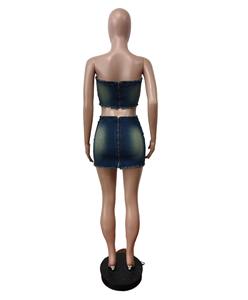 Zomer Hot Selling Strapless Tube Top + Stretchy Denim Mini Wrap Rok Mode 2 Pc Rok Sets - Product Image 4