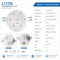 Plafonnier LED encastré IP20 avec batterie Li-Ion, lumière blanche froide, lampe de sécurité incendie