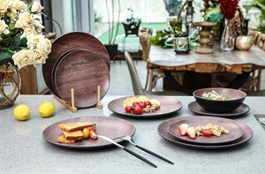 高級感のある竹調メラミン食器セット エレガントなブラウン 12点セット 使い捨て食器 食洗機対応 - Product Image 3