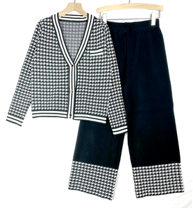 Completo in Maglia Elegante Slim Fit: <span class=keywords><strong>Cardigan</strong></span> <span class=keywords><strong>Pied</strong></span>-<span class=keywords><strong>de</strong></span>-<span class=keywords><strong>Poule</strong></span> e Pantaloni a Vita Alta - Vendita all'Ingrosso - Product Image 3