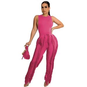 Ensemble deux pièces pour femmes, style européen et américain, pantalon à franges, hauts décontractés sans manches, dentelle, costume sexy d'été - Product Image 6