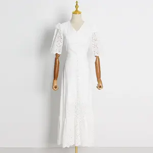 Fresh And Sweet Style Solid Dress 2023 Autumn New V-neck Ruffled Sleeves Embroidered Hollowed-out Large-swing Long Dress