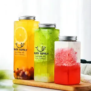 500ML 16oz meyve suyu şişesi yeniden kullanılabilir kabarcık çay sevimli konteyner plastik kavanoz içecekler PET malzeme kapağı