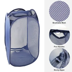 Pop-up Laundry Basket Breathable Mesh Sturdy Zipper Washing Bag Basket Hamper For Easy Load And Unload