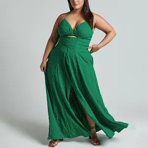 Yunnes Plus Size Dameskleding Fabrikanten Custom Uitgesneden Cross Back Getextureerde Maxi Jurken