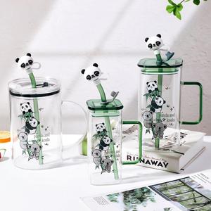 Üretici sevimli <span class=keywords><strong>Panda</strong></span> Lid yaratıcı cam bardak kapak ve saman ile isıya dayanıklı cam kupa cam saman ile çocuklar için - Product Image 4