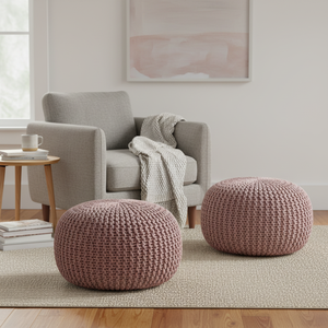 Pouf d'appoint en coton tricoté à la main, style moderne en câble, fait main et cousu à la main, 2 pièces, mobile à des fins décoratives - Product Image 2