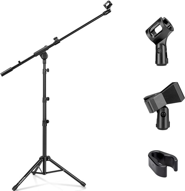 Tripod Microphone Stand Arm Floor Mic Stand Heavy Duty With Folding Leg Base Adjustable Telescoping Arm High Extendable