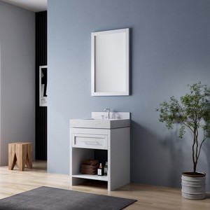 Modern White <b>Small</b> Bathroom <b>Vanity</b> with Frame <b>Mirror</b> Freestanding Cabinet Carrara Marble Top 1 Drawer Open Storage Sink Cabinet - Product Image 3