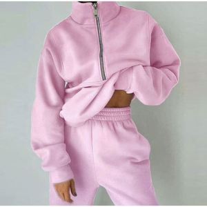 In Stock Leisure <b>Suit</b> Fleece Sweatshirt Solid Colors Half <b>Body</b> Zipper Fall Women's Casual Sport Sets - Product Image 5