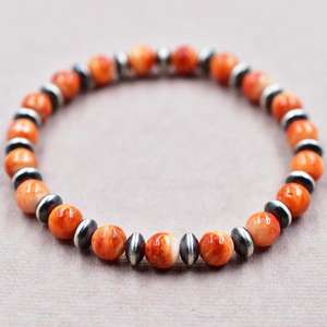 Handmade Sterling Silver Pearls & Orange Spiny Oyster Turquoise Stretch <b>Bracelet</b> Stylish Jewelry <b>Men</b> Women Unisex - Product Image 1