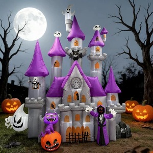Château hanté gonflable d'extérieur avec chat fantôme et citrouille pour décoration d'Halloween - Product Image 2