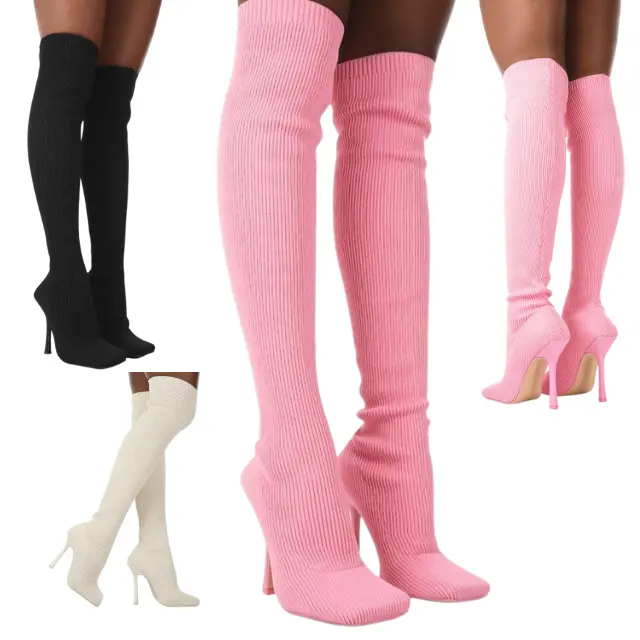 2022 New Autumn And Winter Stretch Knitted Point Toe Stiletto Thigh High Heel Boots Chukka Boots Knee High Boots For Women