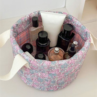 Panier de rangement élégant en tissu floral rose vintage avec poignée, pliable et portable, pour cosmétiques, articles divers, maquillage et jouets
