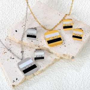 European American Style Geometric Diamond Encrusted Necklace Earrings <b>Set</b> For Women Everyday Wear Silver Gold Tone - Product Image 1