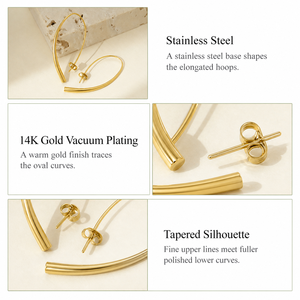 Oval Hoop <b>Earrings</b> Stainless Steel 14K <b>Gold</b> Vacuum Plated Elongated Tapered Open Hoops Polished Butterfly <b>Back</b> <b>Earrings</b> - Product Image 3