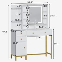 Meuble de chambre moderne en bois blanc, coiffeuse avec miroir LED, station de charge et étagères de rangement pour usage hôtelier