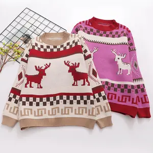 Sweater rajutan rusa Jacquard Sweater natal jelek kualitas tinggi kustom Sweater Pullover Jumper natal pasangan untuk pria dan wanita