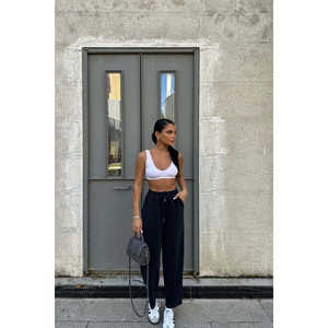 กางเกงขายาวเอวสูงสีดำสำหรับผู้หญิง ทรงขากว้าง ปิดด้วยเชือกผูก ระบายอากาศได้ดี ทำจากหนัง พิมพ์ลายด้านหน้า สีซีดสไตล์ลำลอง - Product Image 1