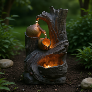 Fontaine d'eau décorative à 4 niveaux en forme de pot brisé avec lumière LED, design rustique en pierre pour extérieur, 8,5x5,1x13,6 pouces - Product Image 2