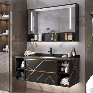 Lanjia-tocador de baño AZG021, mueble de medicina rústico con espejo negro, novedad de 2022