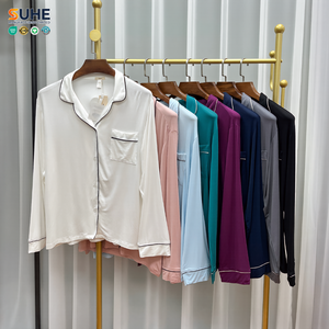Ensemble de pyjama thermique d'été pour femme SUHE en modal et élasthanne, haut à manches longues boutonné, pantalon large avec passepoil contrastant, OEM ODM - Product Image 4