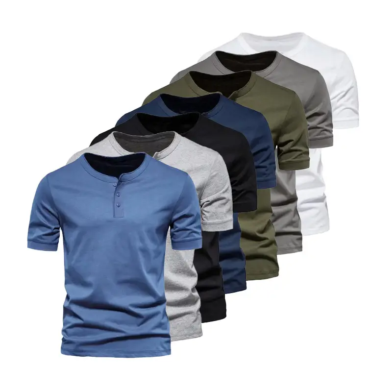 Short Sleeve Men's Button Half Open Simple Short Sleeve Cotton Solid Color Sleeve V Neck Shirts Tops