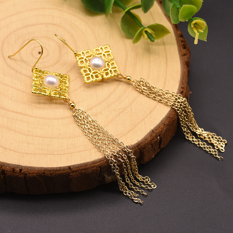 GE0656-3 Rhombus Ethnic Style Tassel Dangle Earrings