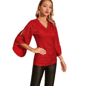 Women's <b>Sequined</b> V-Neck Flared Sleeve <b>Top</b> Sparkling Party Wear Slim Fit Blue - Product Image 5