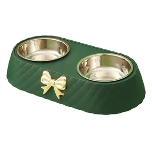 Yiwu pet food bowl stainless steel pet bowl bowknot cat double bowl