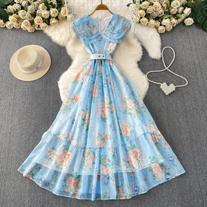 Abito Retrò Dolce con Doppio Strato di Pizzo, Colletto <span class=keywords><strong>Peter</strong></span> Pan, Stampa Primaverile/Autunnale, Vita Stretta e Volant per Donna - Product Image 1