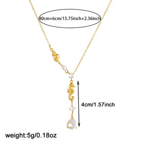 Gold Plated Seahorse Pendant Necklace With Teardrop Crystal And Pearl Y Chain Clavicle Jewelry For Daily Wear Gift - Product Image 4