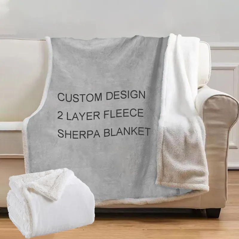 Customized Design Blank Sherpa Fleece Blanket Printed Sublimation 2Layer Throw Blankets White Custom Sherpa Blanket With Logo