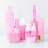 Ensembles de flacons et pots cosmétiques en verre dépoli rose personnalisés vides avec bouchon à vis, emballés en carton, OEM/ODM, pour gouttes pour les yeux et soins de la peau