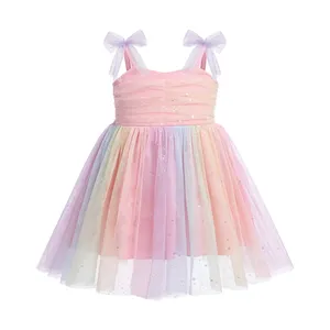 Flaş çip gökkuşağı tül elbise kız bebek yaz tatlı tarzı tatlı kalp boyun nefes örgü prenses elbiseler